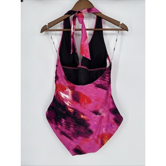 DKNY Womens Size Large Tie Back Halter Style One Piece Swimsuit Pink Black New - Picture 4 of 7